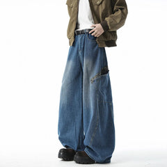 Men Washed Loose Wide Leg Jeans Patchwork Side Pockets Streetwear Casual Denim Pants Fashion Trendy Comfort Vintage Distressed voguable