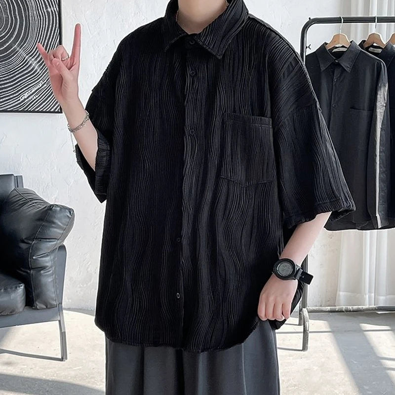 Voguable Men's Clothing Straight Tops Man Turn-down Collar Shirts Spring Summer Thin Temperament Handsome Button Pockets Short Sleeve voguable