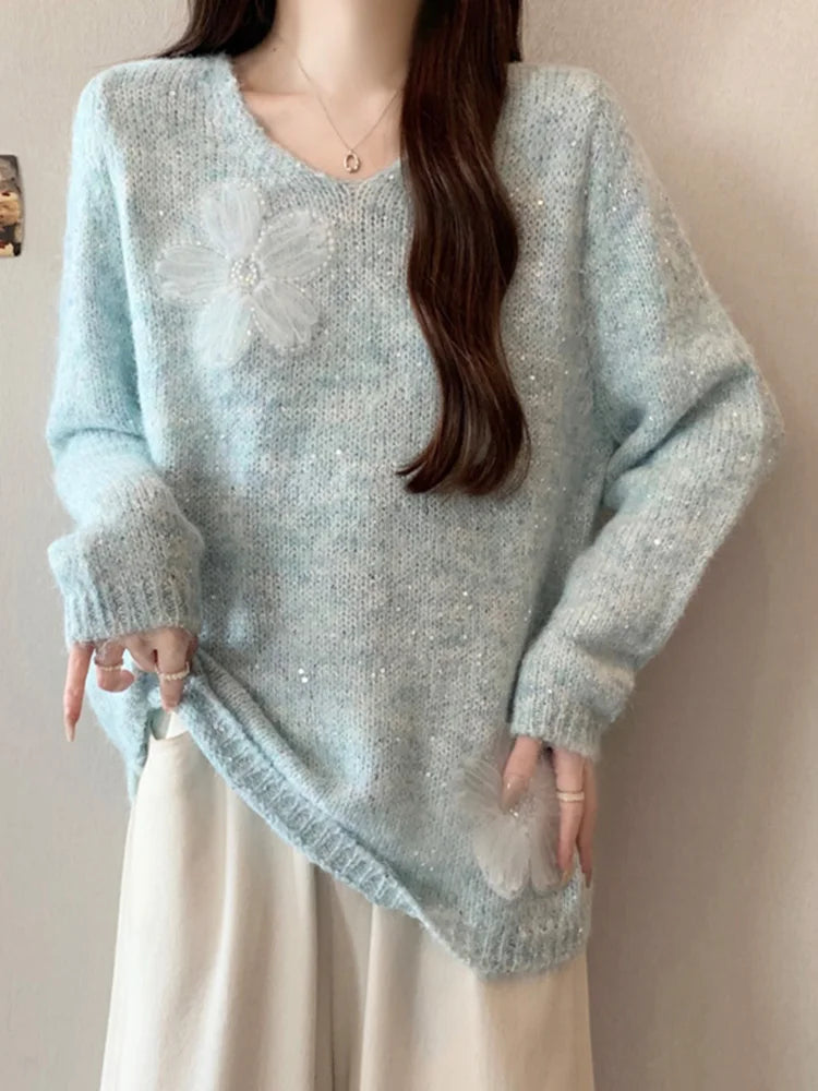 3D Floral Sweet Sweaters Women Loose Fashion V Neck Elegant Knitted Jumper Casual Chic Korean Female Fall Winter Long Sleeve Top voguable
