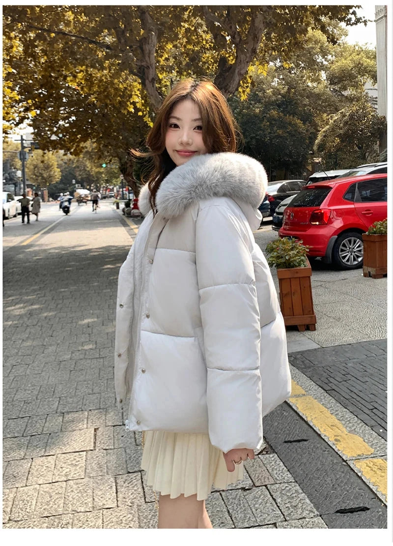 Preppy Style Sweet Parkas Women Cute Long Sleeve Vintage Faux Fox Hooded Cotton Coat Korean Winter Thick Warm New Outwear voguable