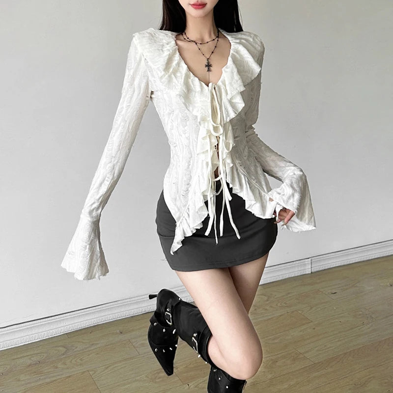 Fairycore Top White Clothes Women Gothic Ruffled V Neck Flared Long Sleeve Ripped Blouse Shirt y2k Aesthetic Clothing voguable