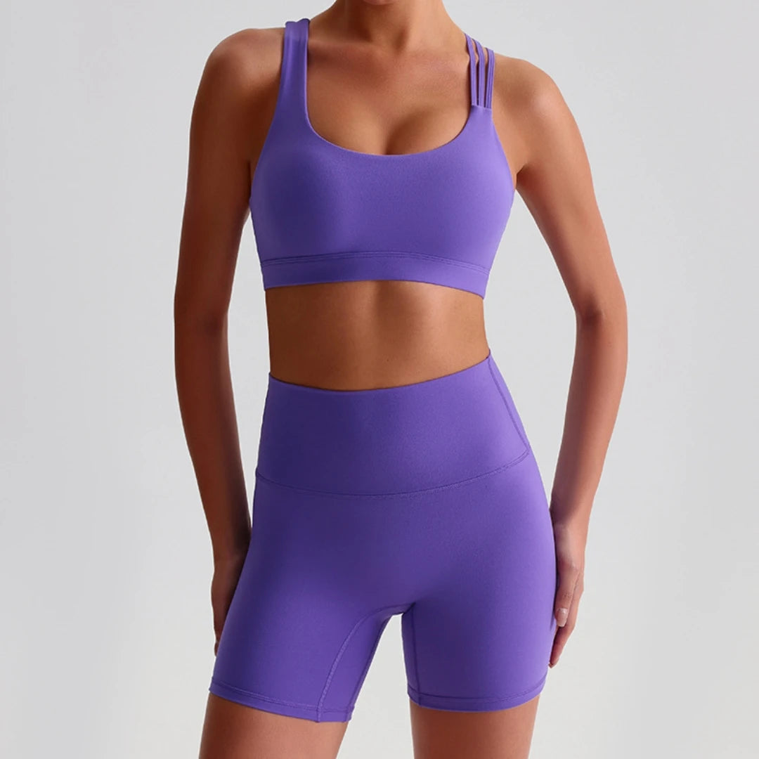 Voguable  Solid Color High Waist Gym Yoga Short Legging Set Tight Women Cross Back High Impact Shoulder Strap Fitness Bra Top Sportwear voguable
