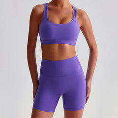 Voguable  Solid Color High Waist Gym Yoga Short Legging Set Tight Women Cross Back High Impact Shoulder Strap Fitness Bra Top Sportwear voguable