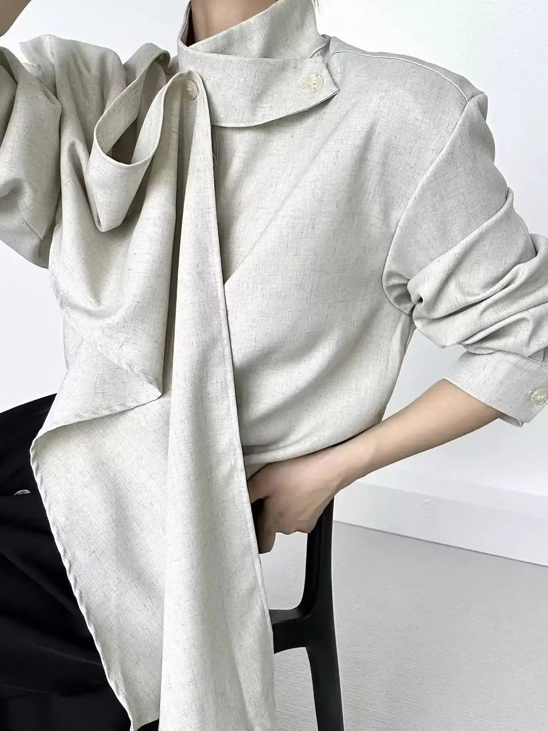 Voguable  Men French Stand Collar Shirt Irregular Artistic Design Style Casual Loose Tops Fashion Trend Office Wear Streetwear Retro voguable