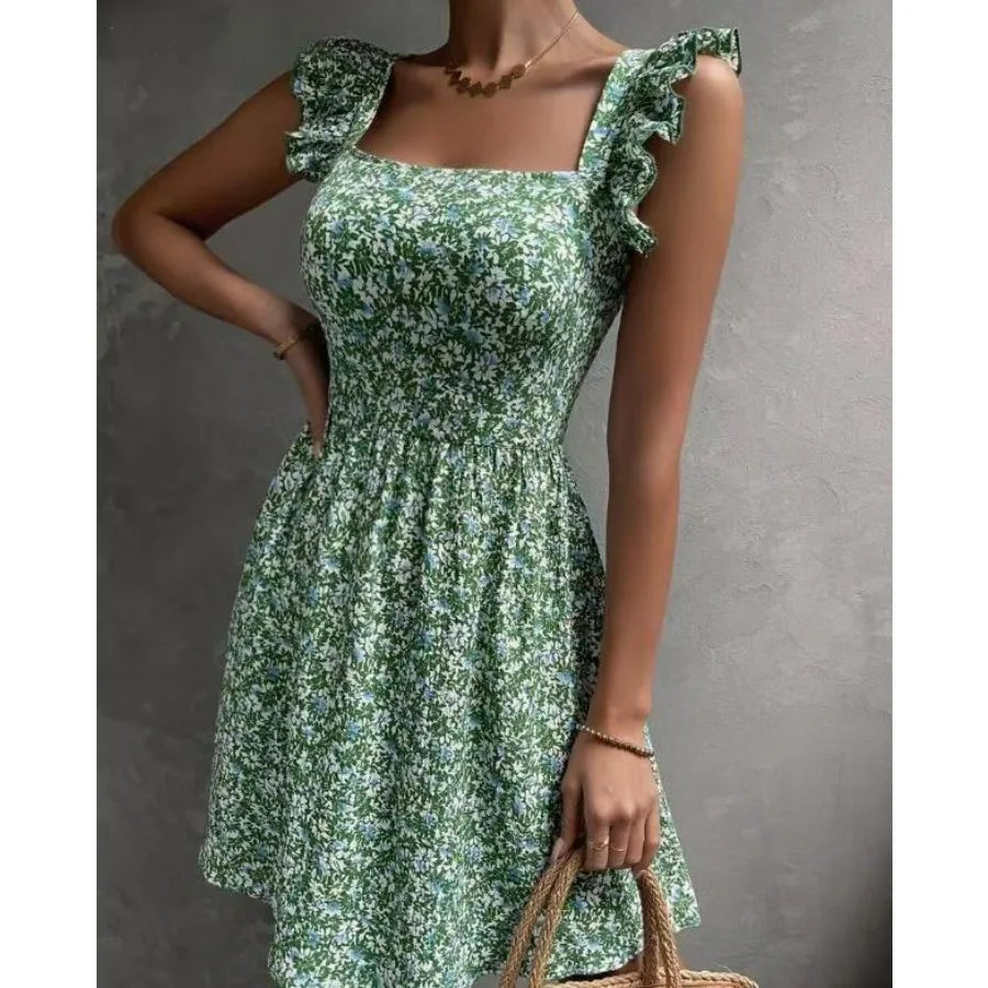 Voguable  Summer leopard print lace backless ruffle hem dress voguable