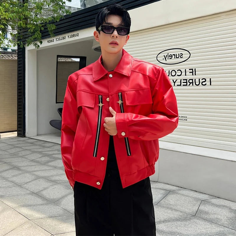 Voguable 2024 Trendy Metal Buckle Decorate Splicing Design Casual Leather Jacket Men's High Street Handsome Stylish PU Coat voguable