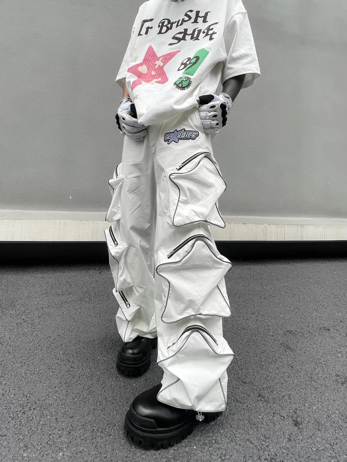 Voguable Y2k Cargo Pants Men Five Pointed Star Three Dimensional Multi Pocket Black Pants Reflective Casual Straight Leg Pants Streetwear voguable