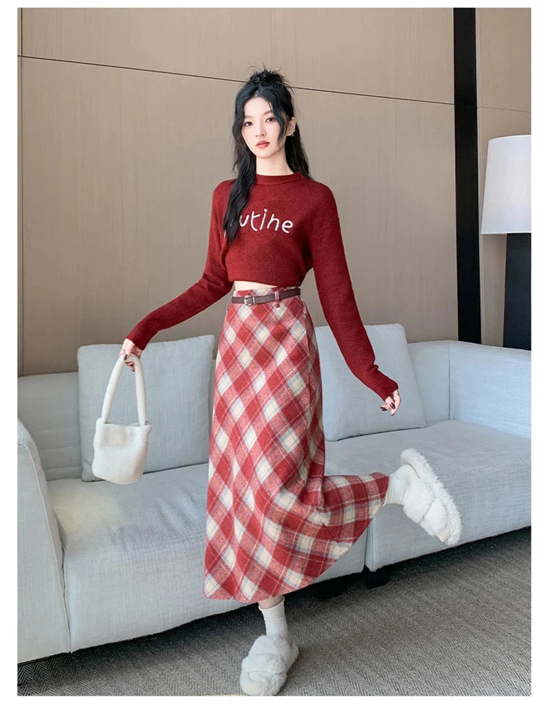 Faux Woolen Plaid Long Skirt Women Vintage Slim High Waist Back Slit Belt Skirts Korean Fall Winter Elegant Long Skirts New voguable