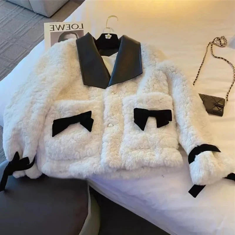 Women Sweet Bow Faux Lamb Coat Fashion Korean Long Sleeve Winter Warm Jacket Chic Slim Patchwork Elegant Pockets Outwear voguable