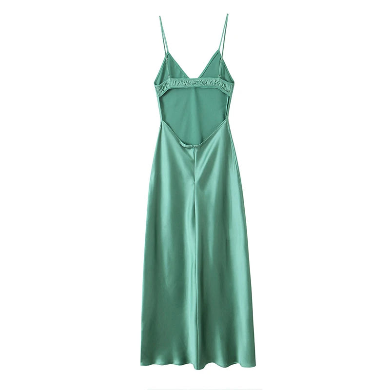 Voguable  New Women Green Satin Midi Spaghetti Strap Sexy Dresses Chic Backless V Neck Female Party voguable