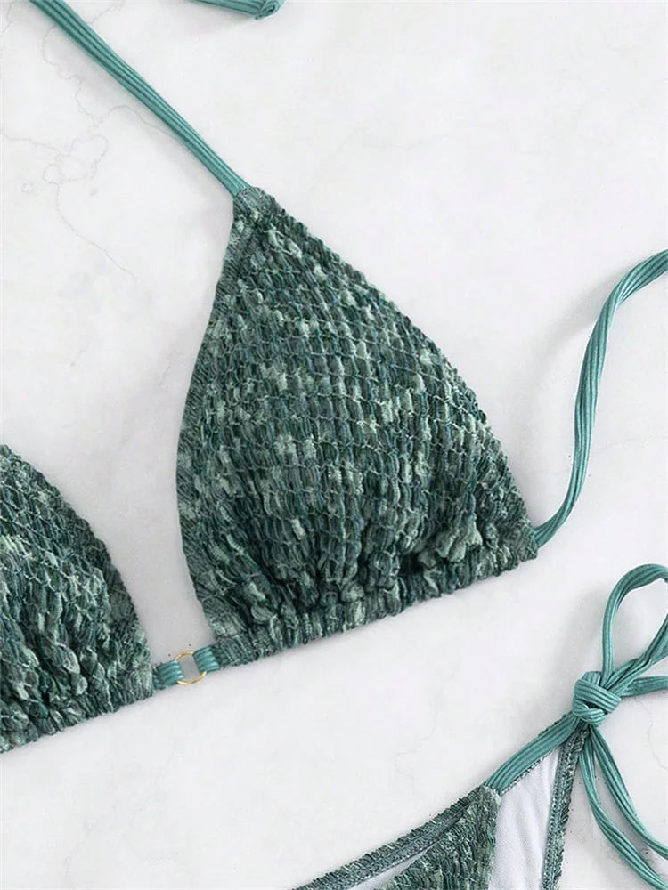 Voguable Sexy Neon Green 2 Piece Bikini Set Women Halter Metal Stap Push Up Swimsuit Summer Lace Up Beach Bathing Suit Thong Swimwear voguable