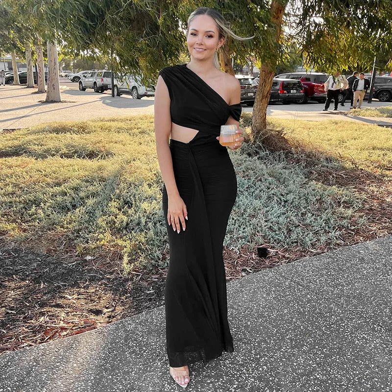 Sexy Sleeveless Hollow Out Pleated Patchwork Maxi Dress For Women High Waist Off-shoulder Slim Club Party Long Dress voguable