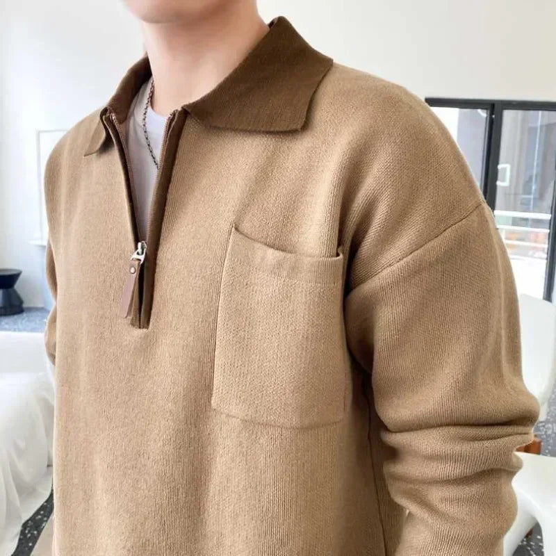 Voguable  Knitted Sweaters for Men Zipper Spliced Man Clothes Pullovers With Pockets Brown Polo Zip-up Heated Cheap Korean 2024 Autumn A S voguable