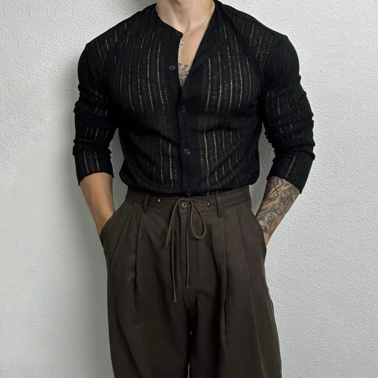 Autumn Hollow Design Knitted Cardigan Men T-shirt Korean Long Sleeve High-end Round Collar Button Holiday Hawaiian Shirt voguable