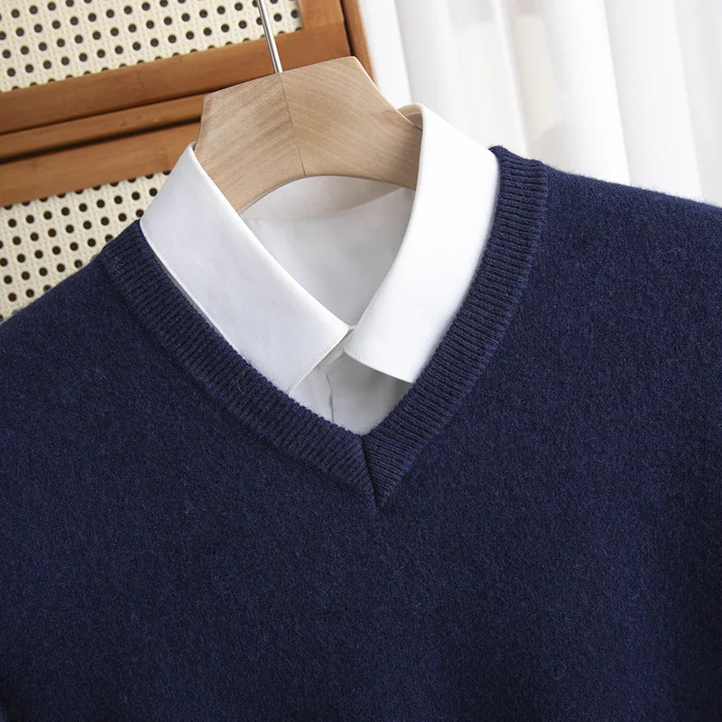 Men 100% Merino Wool Sweater V-Neck Pullover Autumn Winter Cashmere Warm Solid Knitwear Clothes Business Bottoming Soft Tops voguable