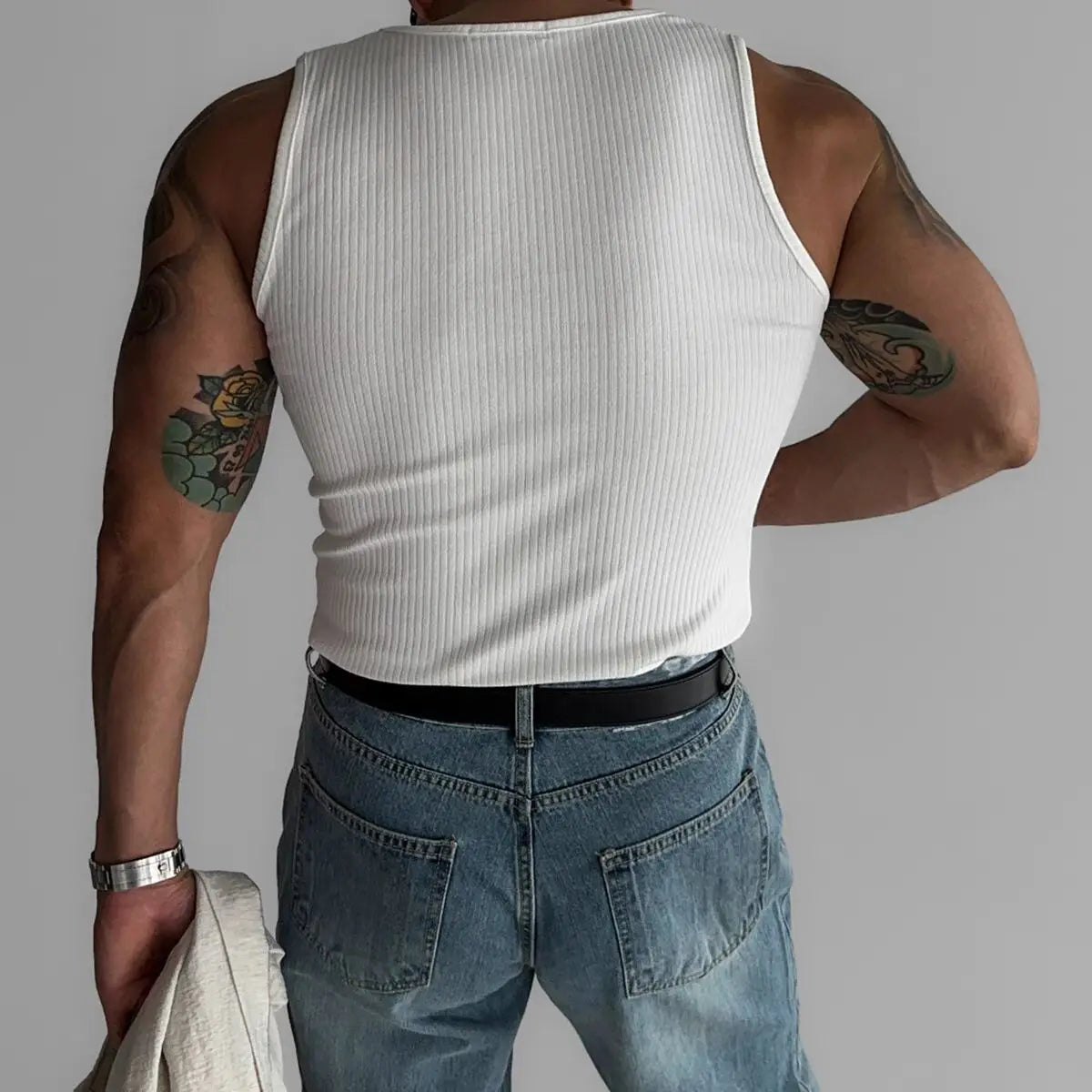 Voguable  American Style Pure Cotton Ribbed Tank Top Muscle Men Hard Man Tight High Elasticity Sleeveless T-Shirt Splice Design Small S... voguable