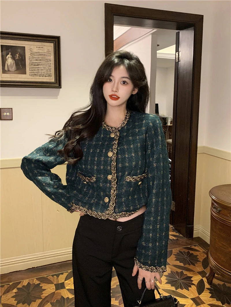 Vintage Cropped Tweed Jacket Women Elegant Blazer Korean Single Breasted Short Coats Autumn Winter Chic Suit Outerwear New voguable
