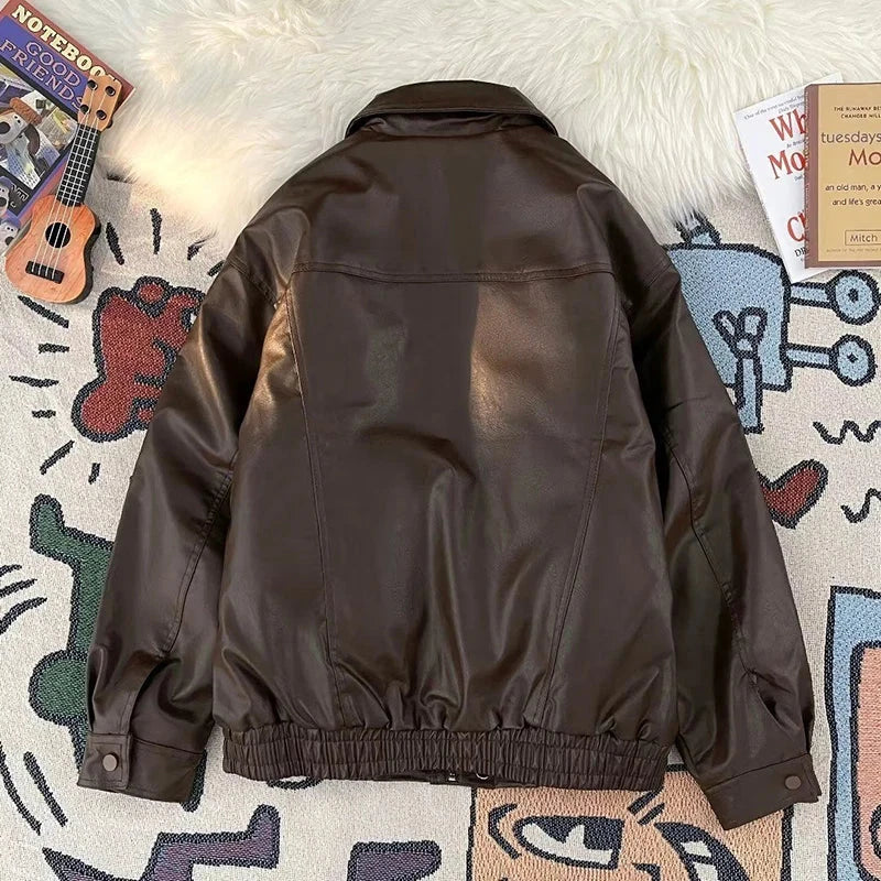 American Pu Leather Jackets Women Y2K Fashion Streetwear Zipper Moto Coats Bf Loose Lapel All-Match Punk Bomber Outerwear New voguable