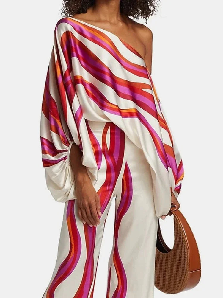 Women Print Satin Outfit Lantern Sleeve Off Shoulder Long Sleeve Blouse Office Lady 2 Piece Sets New Casual Wide Leg Pants Suits voguable