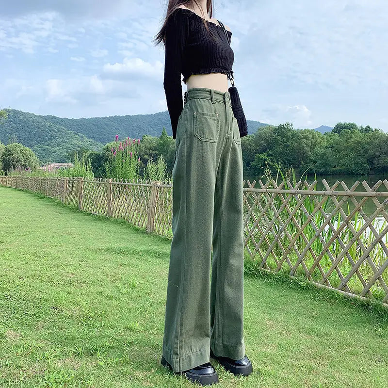 Korean Fashion Loose Versatile Wide Leg Jeans Women High Waist Solid Pocket Zipper Summer Thin Casual Straight Full Length Pants voguable