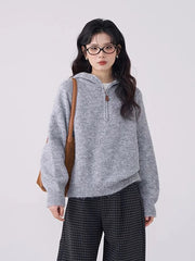Korean Vintage Gray Sweaters Women Long Sleeve Casual Simple Knitted Hooded Jumper Retro Loose All Match Female Fall Winter Tops voguable
