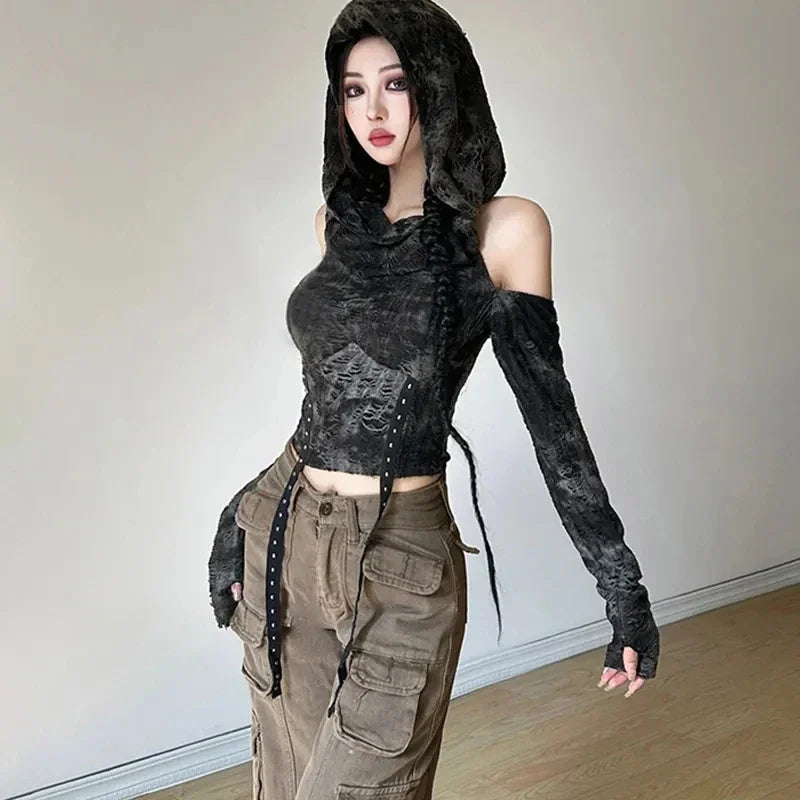 Y2K Hollow Out Hooded Women T Shirt Gothic Streetwear Sexy Off Shoulder Long Sleeve Tops Autumn New Fashion Slim Black Crop Tees voguable