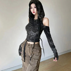 Y2K Hollow Out Hooded Women T Shirt Gothic Streetwear Sexy Off Shoulder Long Sleeve Tops Autumn New Fashion Slim Black Crop Tees voguable