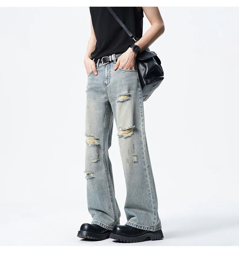 Men Straight Leg Vintage Blue Washed Denim Jeans Casual Ripped Distressed Trousers Classic Retro Style Comfortable Streetwear voguable