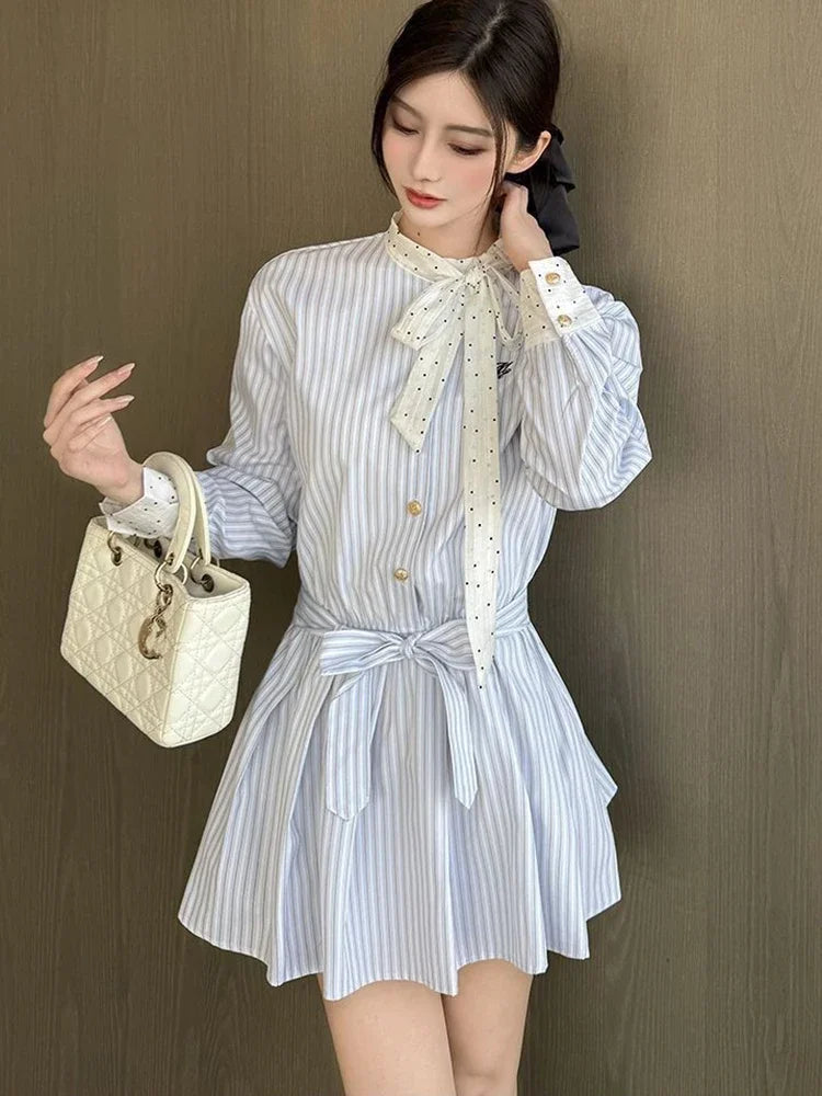 Korean Bow Striped Shirt Dress Women Casual Long Sleeve Elegant Sweet Mini Dress Vintage Patchwork Dot Female Design Dress voguable