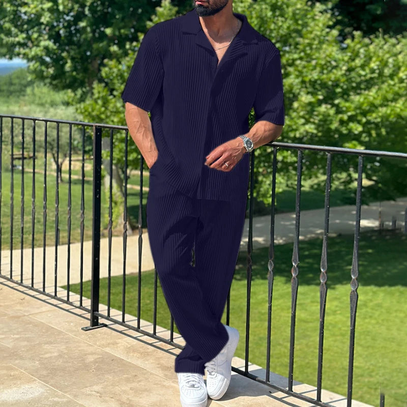 Fashion Mens Loose Two Piece Sets Spring Summer Casual Solid Color Ribbed Shirts And Pants Suits Men Streetwear Vintage Outfits voguable