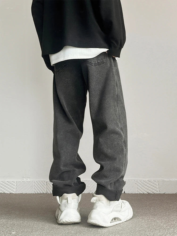 New Fashion Korean Men's Baggy Straight Jeans Classic Black Gray High Street Denim Pants Streetwear High Quality Male Trousers voguable