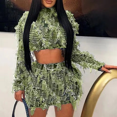 Weird Puss Elastic Patchwork Women 2Piece Set See Through Tassel Thin Crop Tops+Slim Fit Skirt Matching Party Club Matching Suit voguable