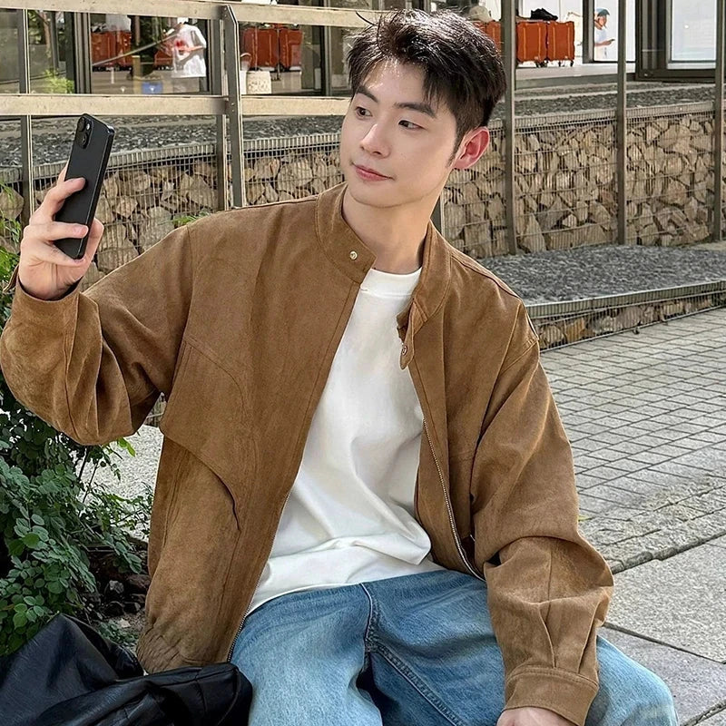 Khaki Cargos Stand Collar Jackets Men's Japanese Retro Streetwear Fashion Solid Color Zipper Long Sleeve Coats Autumn Clothing voguable