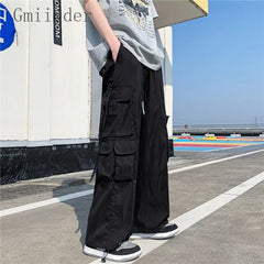 Voguable  Japanese Overalls Men Functional Multi-pocket Pants Korean Urban Streetwear Trend High-end Elastic Waist Lace Casual Trousers voguable
