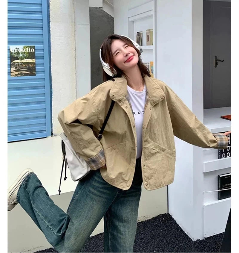 Vintage Plaid Cargo Jacket Women Retro Double Sided Wear Preppy Style Sweet Coat Korean Fall Winter Long Sleeve Pockets Top voguable