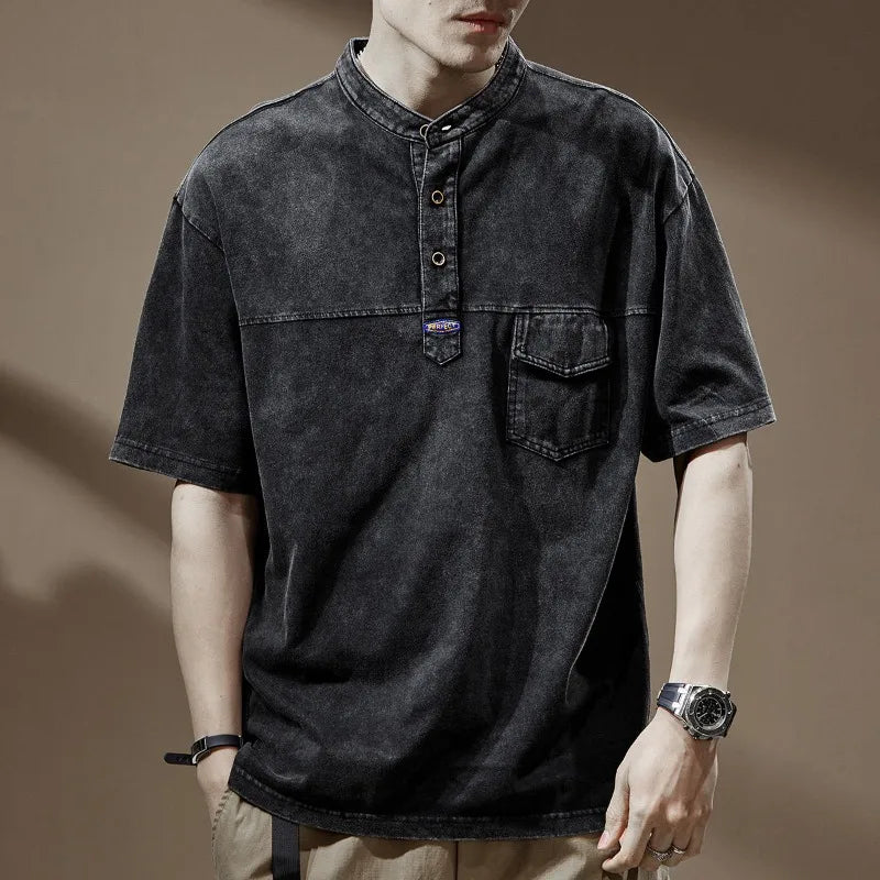 Voguable  Nostalgic Washed Summer New Polo Shirt Men's Heavy Fermentation Short-sleeved T-shirt Loose O-neck Half-sleeved T-shirt voguable