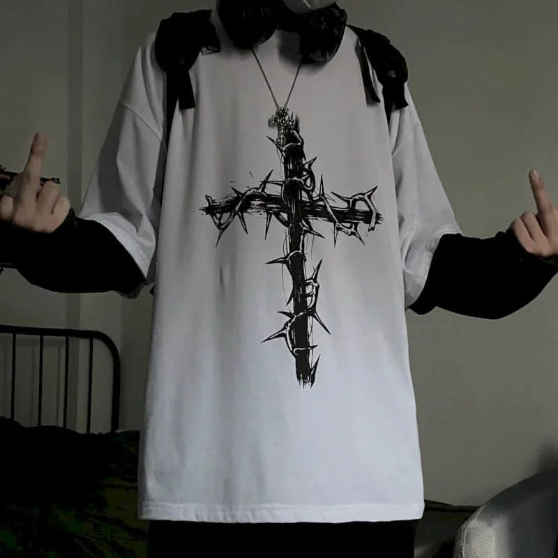 T-shirt Cross of Thorns fake two-piece for men women long-sleeved dark hip-hop loose large size autumn new trend top Simplicity voguable