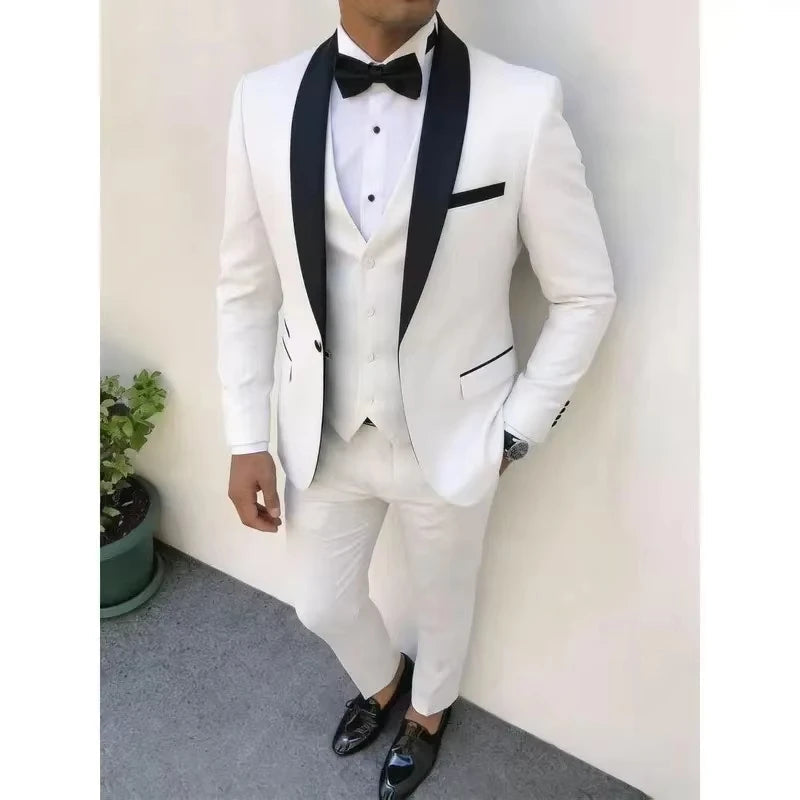 Voguable  Luxury 3pcs Men'S Slim Fit Groomsmen Suit  Dark green Jacket Vest Pant With Non-Stretch Fabric and Color Block Pattern voguable