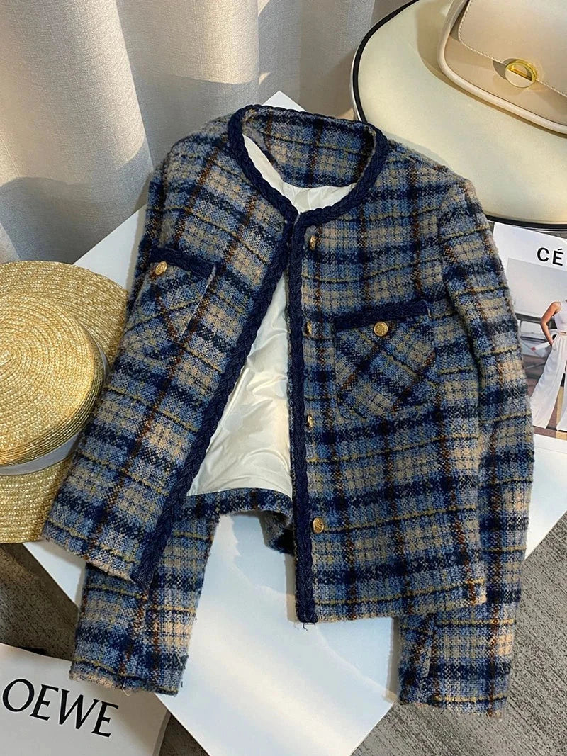 Thick Warm Elegant Tweed Jacket Women Slim Vintage Long Sleeve Winter Coat Korean Casual O Neck Female Retro Sweet Tops New voguable