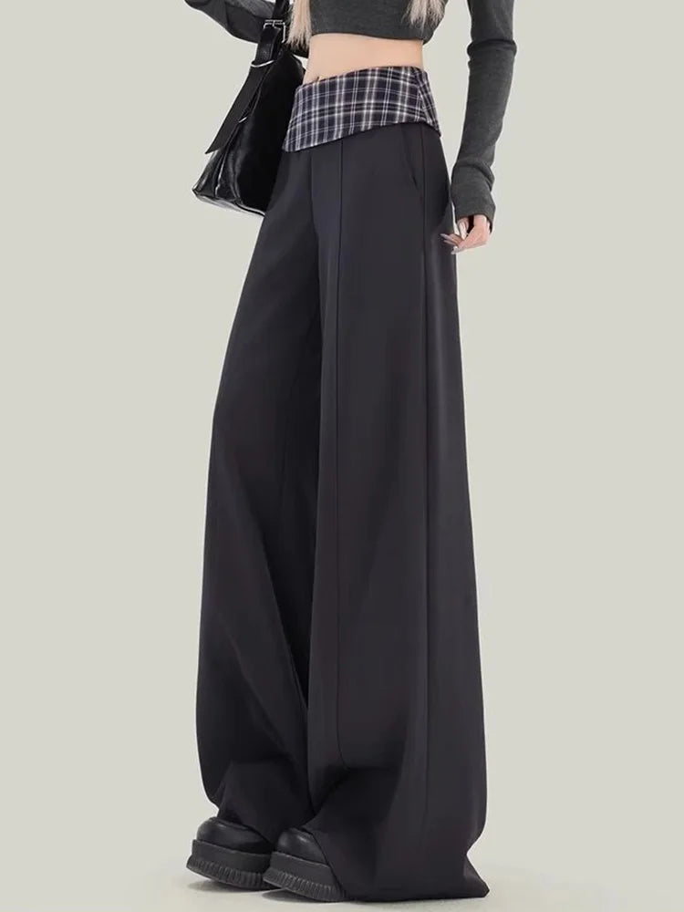 Plaid Patchwork Suit Pant Women Vintage Casual Korean High Waist Trouser Autumn Retro Loose Elegant Black Wide Leg Pant New voguable