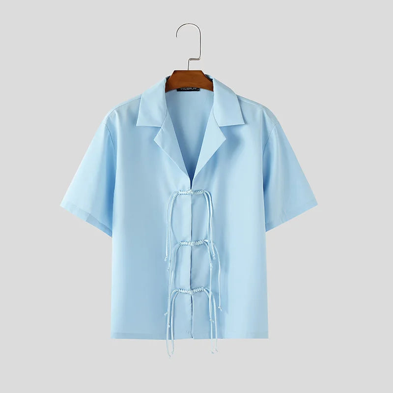 Men Shirt Solid Lapel Short Sleeve Button Hollow Out Male Tops Shirts Summer Loose 2025 Fashion Men Clothing Streetwear voguable