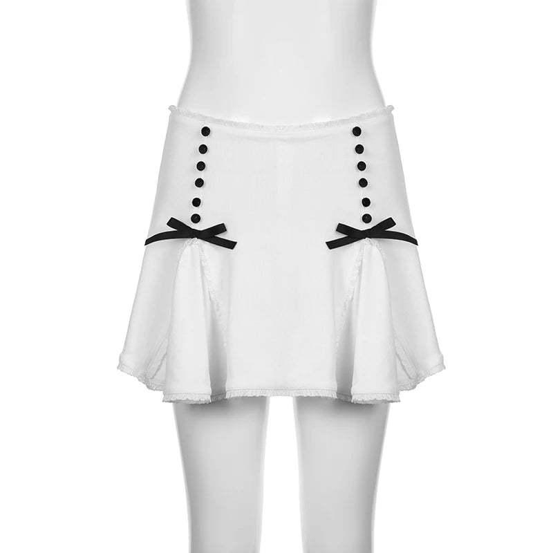 Voguable Cute Lace Bow Patchwork Mini Skirt White Japanese Style High-waisted A-line Skirts Coquette Y2K Bottoms Lolita Girls voguable