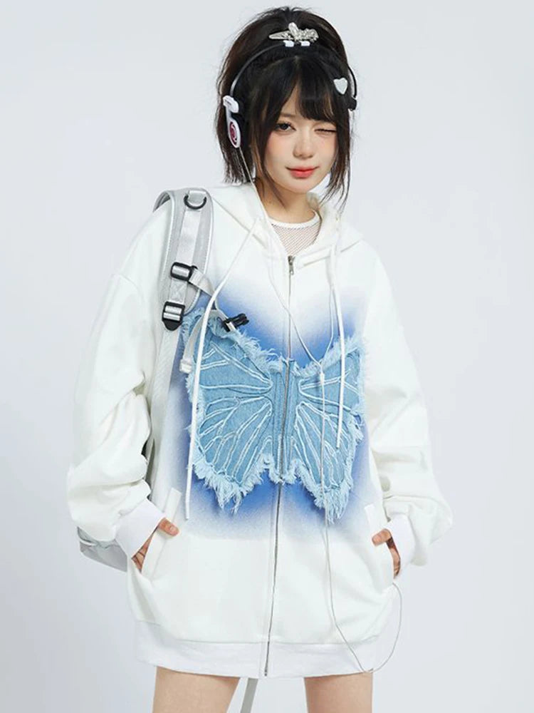 Vintage Women Y2K Hoodies Bufferfly Loose Long Sleeve Streetwear Sweatshirts Harajuku Casual Fall Lady Retro American Tops voguable