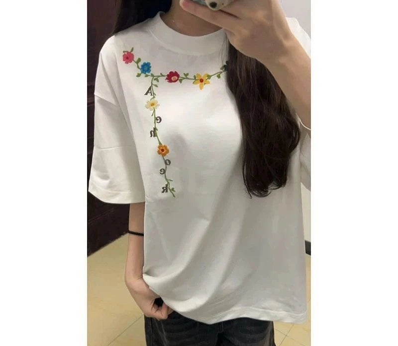 100% Cotton White Embroidered Flowers Short Sleeve for Women Casual Men O-Neck Streetwear Tees oversize Pullover Unisex T-Shirts voguable