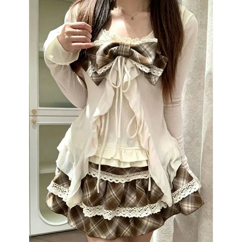 Voguable  Early Autumn Three-Piece Set Breathable V-Neck Checkered  Knot Strap Bell-Cuff Open Cardigan Atmosphere Feeling Clot... voguable