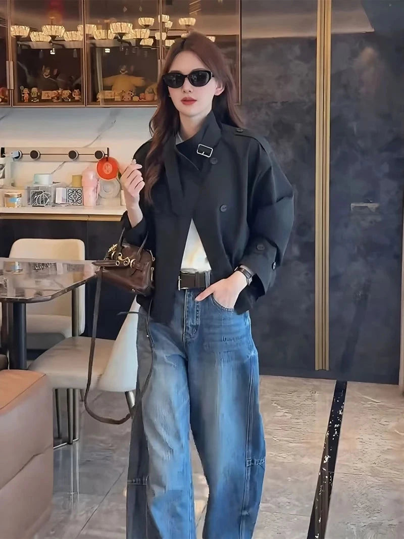 England Stand Collar Jacket Women Loose Long Sleeve Vintage Short Coat Fall Causal Double Breasted Lady Elegant Design Tops voguable