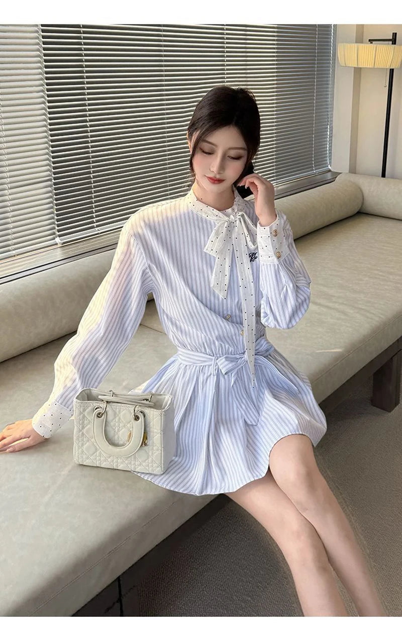 Korean Bow Striped Shirt Dress Women Casual Long Sleeve Elegant Sweet Mini Dress Vintage Patchwork Dot Female Design Dress voguable
