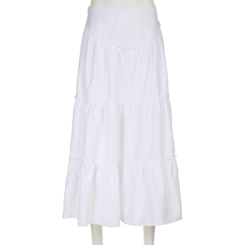 Voguable  Fairycore Floral Edge A-line Long Skirt White Coquette Aesthetic Skirts Y2K Holiday Party Casual Outfit Sweet Skirts voguable