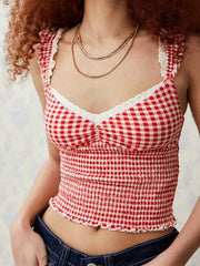 Summer Women Gingham Tank Top Y2k Lace Trim Cami Top Sleeveless Plaid Camisole Coquette Shirts Cute Smocked Tops Streetwear voguable