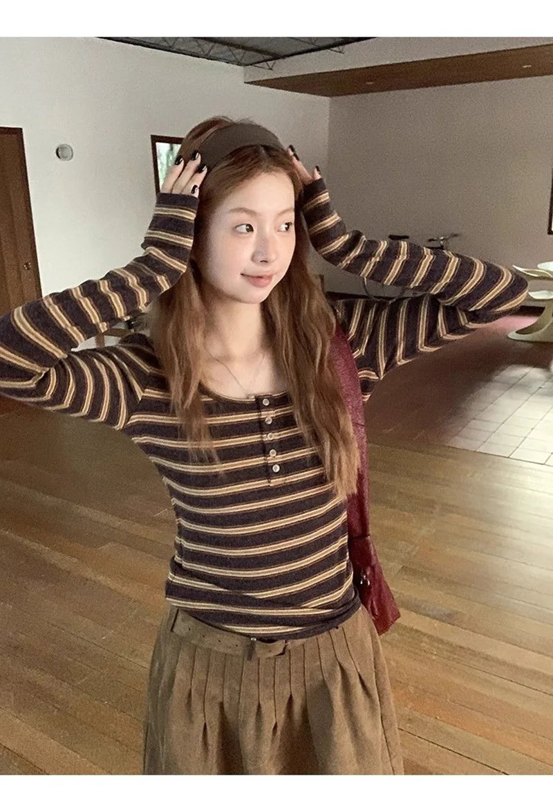Slim Y2K Striped T Shirt Women Streetwear American Long Sleeve Retro Tees Fall Sexy U Neck Female Harajuku Vintage Tops New voguable